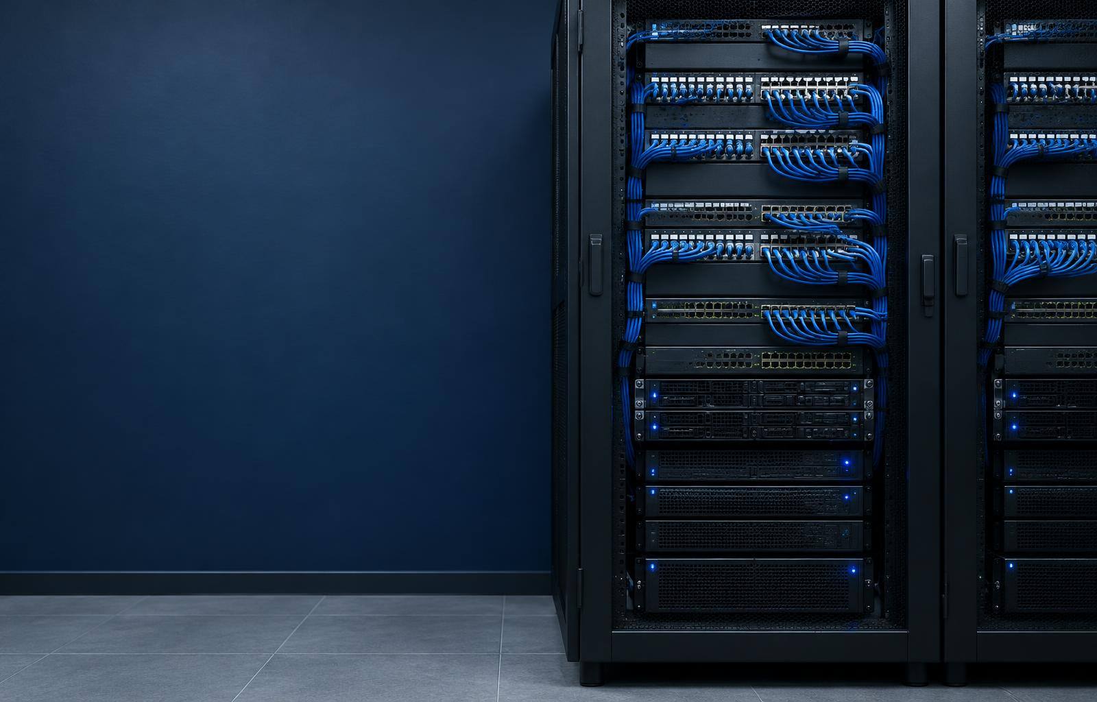 Network switches and neatly organised cabling in server racks